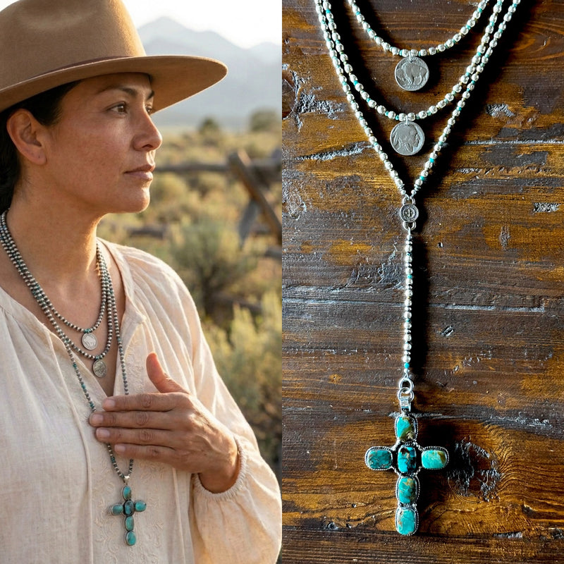 Silver and Turquoise Cross Lariat