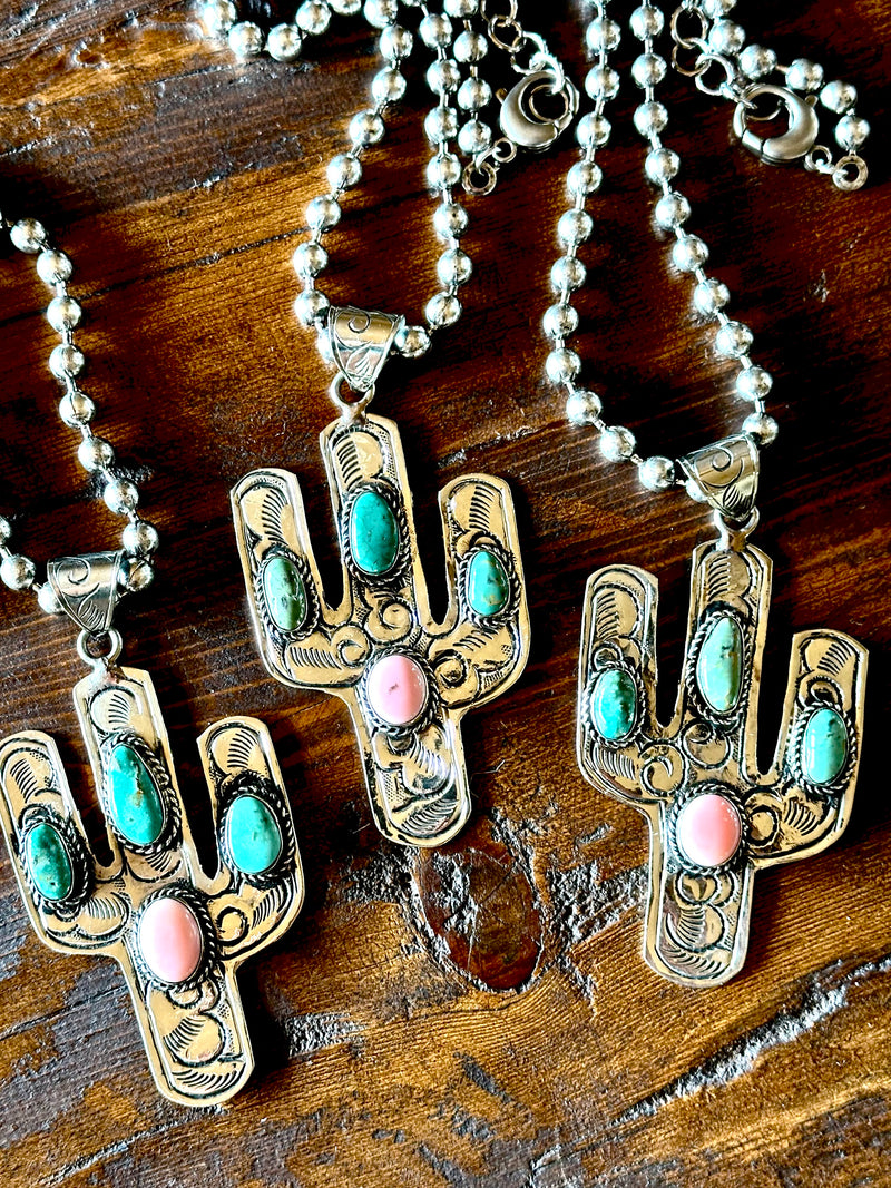 Pink Conch and Turquoise Cactus Necklace