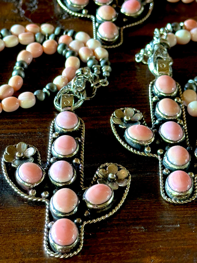 Pink Conch and Navajo Saucer Cactus Necklace