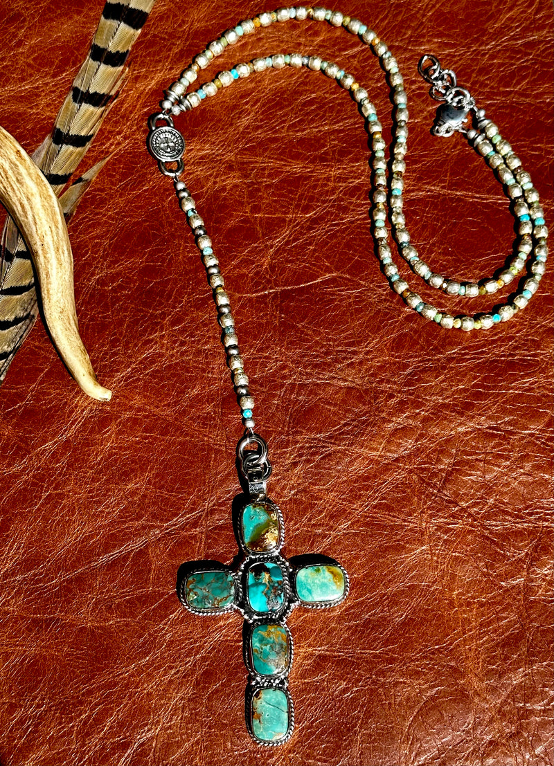 Silver and Turquoise Cross Lariat