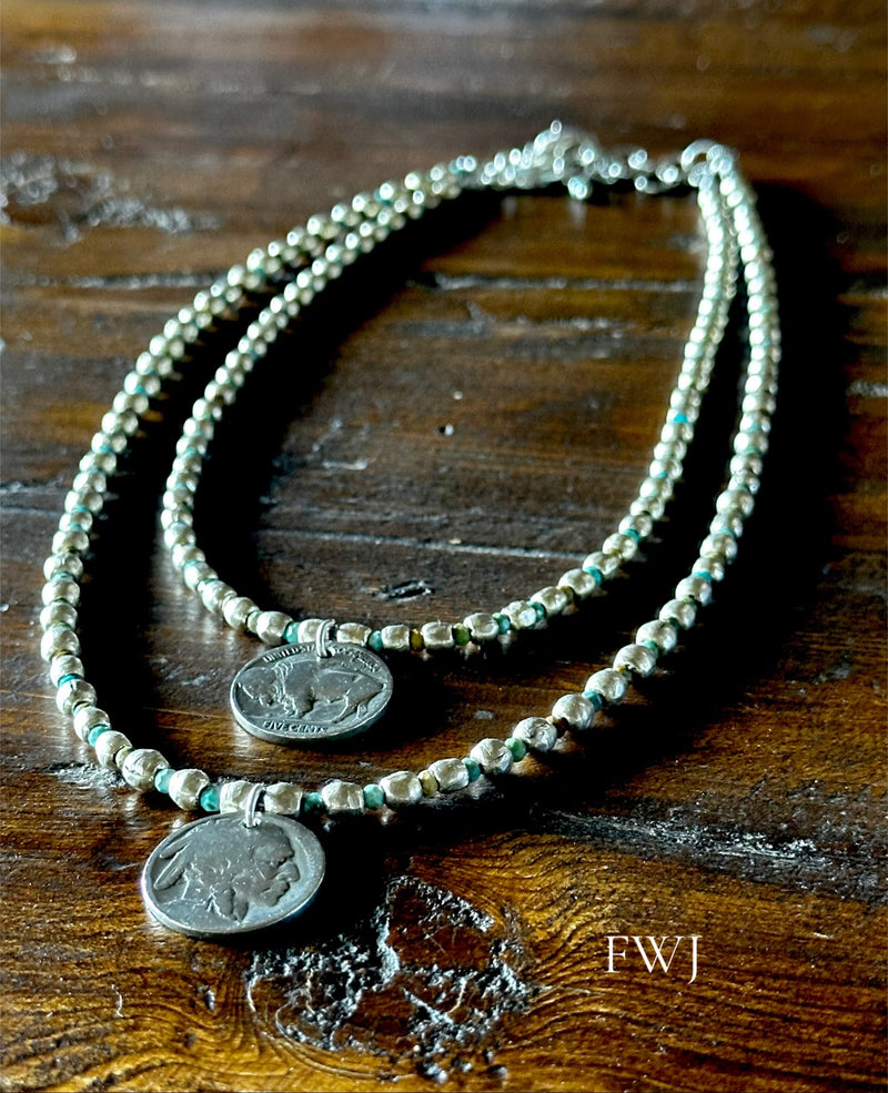 Silver and Natural Turquoise T-Shirt Necklace