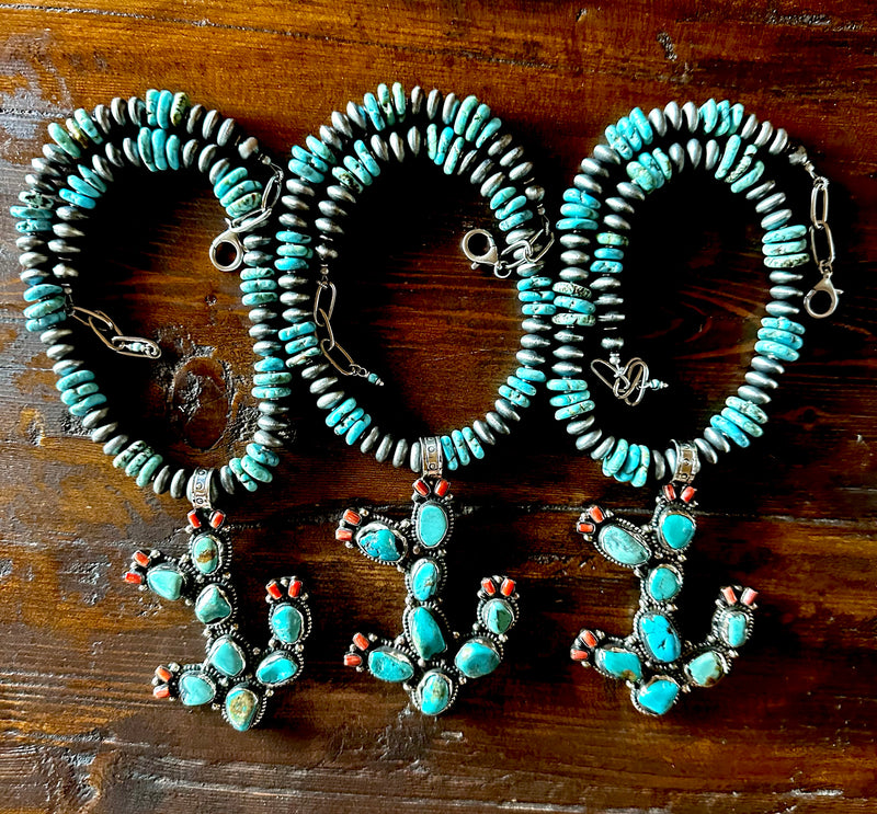 Turquoise and Red Coral Cactus Necklace