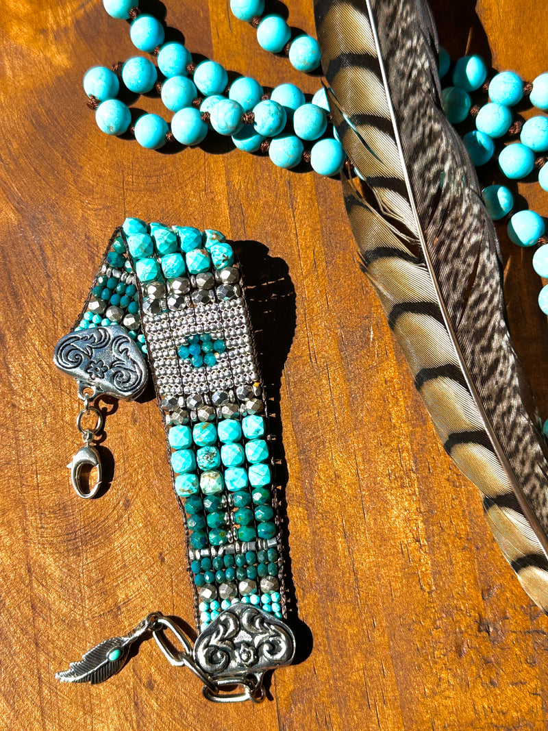 Sterling silver and Gemstone Loomed Cuff; Sweet Water