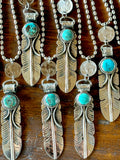Feather Necklace, Silver Feather, Turquoise, Buffalo Nickel
