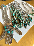 Feather Necklace, Silver Feather, Turquoise, Buffalo Nickel
