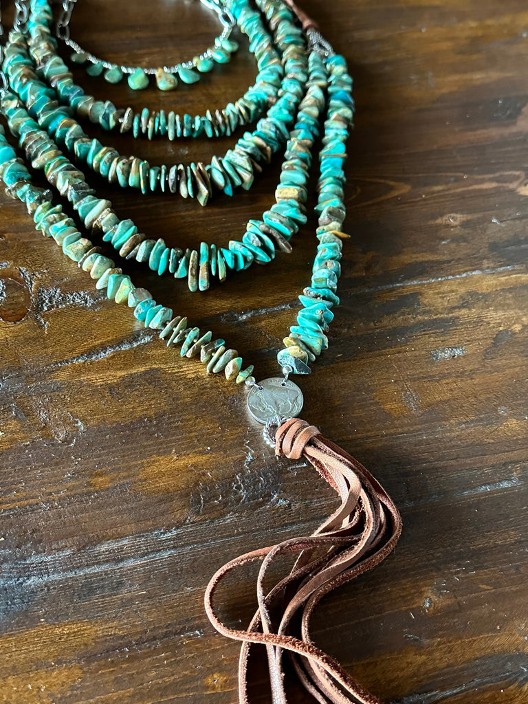 Turquoise and Leather Tassel Necklace - Main Image