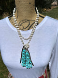 Long Pearl Lariat with Turquoise Chip Tassel