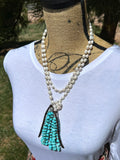 Long Pearl Lariat with Turquoise Chip Tassel