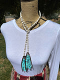 Long Pearl Lariat with Turquoise Chip Tassel