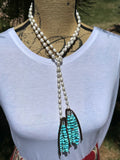 Long Pearl Lariat with Turquoise Chip Tassel