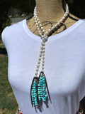 Long Pearl Lariat with Turquoise Chip Tassel