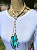 Long Pearl Lariat with Turquoise Chip Tassel