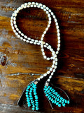 Long Pearl Lariat with Turquoise Chip Tassel
