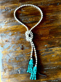 Long Pearl Lariat with Turquoise Chip Tassel