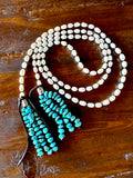 Long Pearl Lariat with Turquoise Chip Tassel