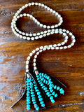 Long Pearl Lariat with Turquoise Chip Tassel
