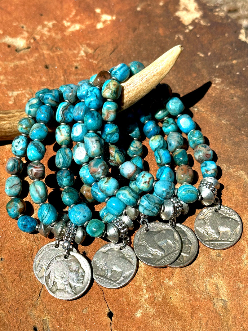 Larimar Blue Crazy Lace Agate Bracelet; Buffalo Nickel