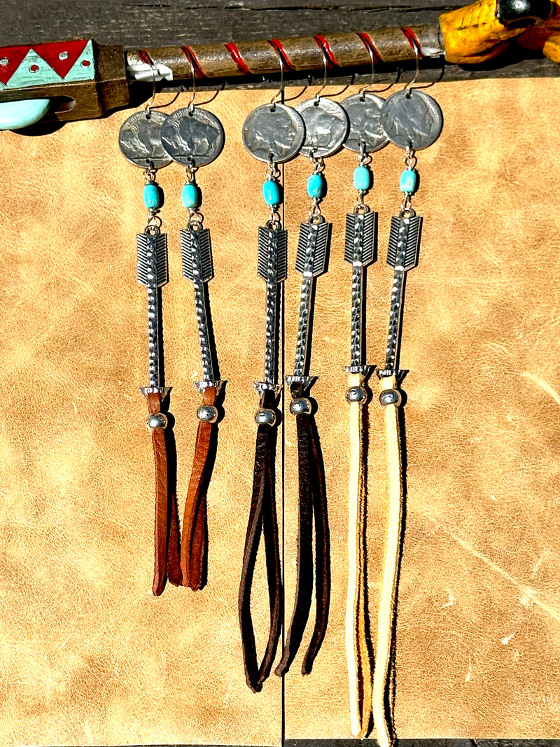 Arrow, Leather, and Coin Earrings