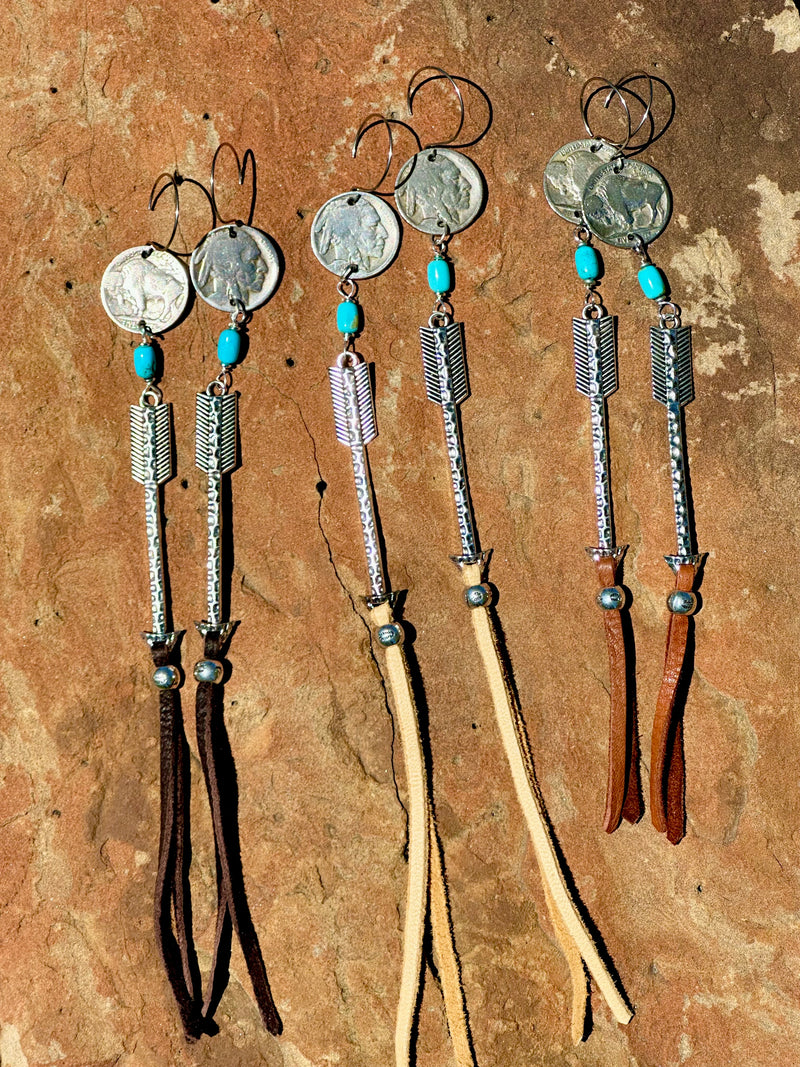 Arrow, Leather, and Coin Earrings