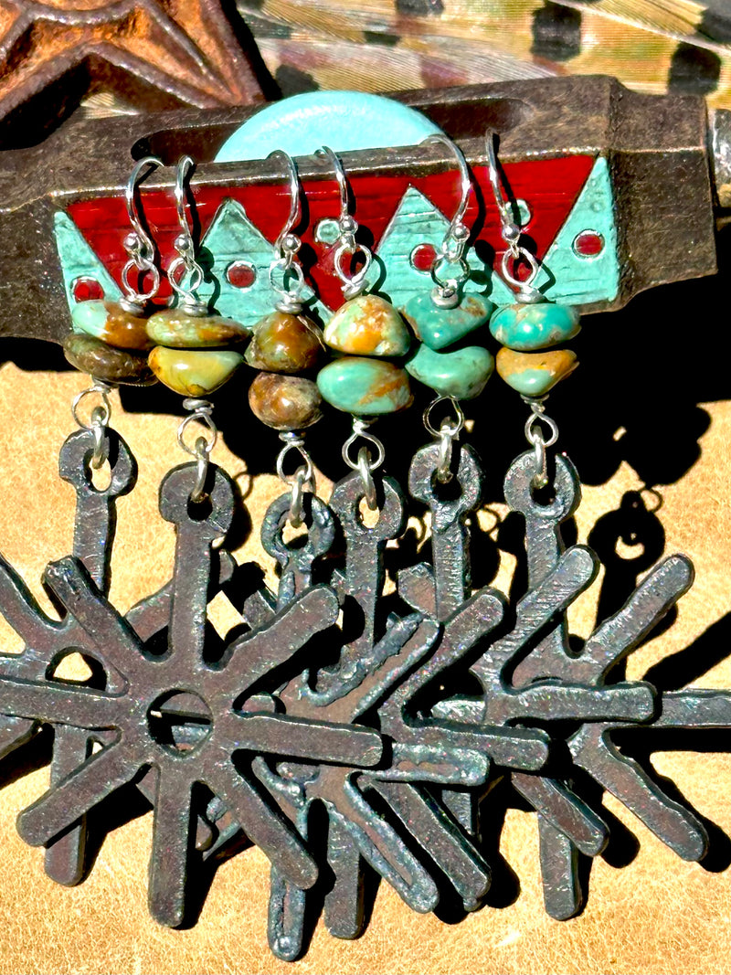 Rustic Metal Spur and Turquoise Earrings