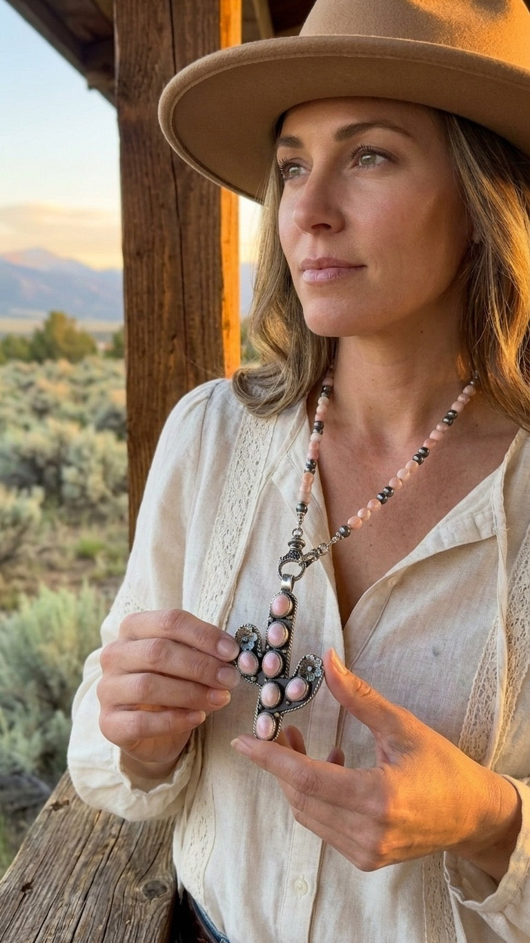Pink Conch and Navajo Saucer Cactus Necklace