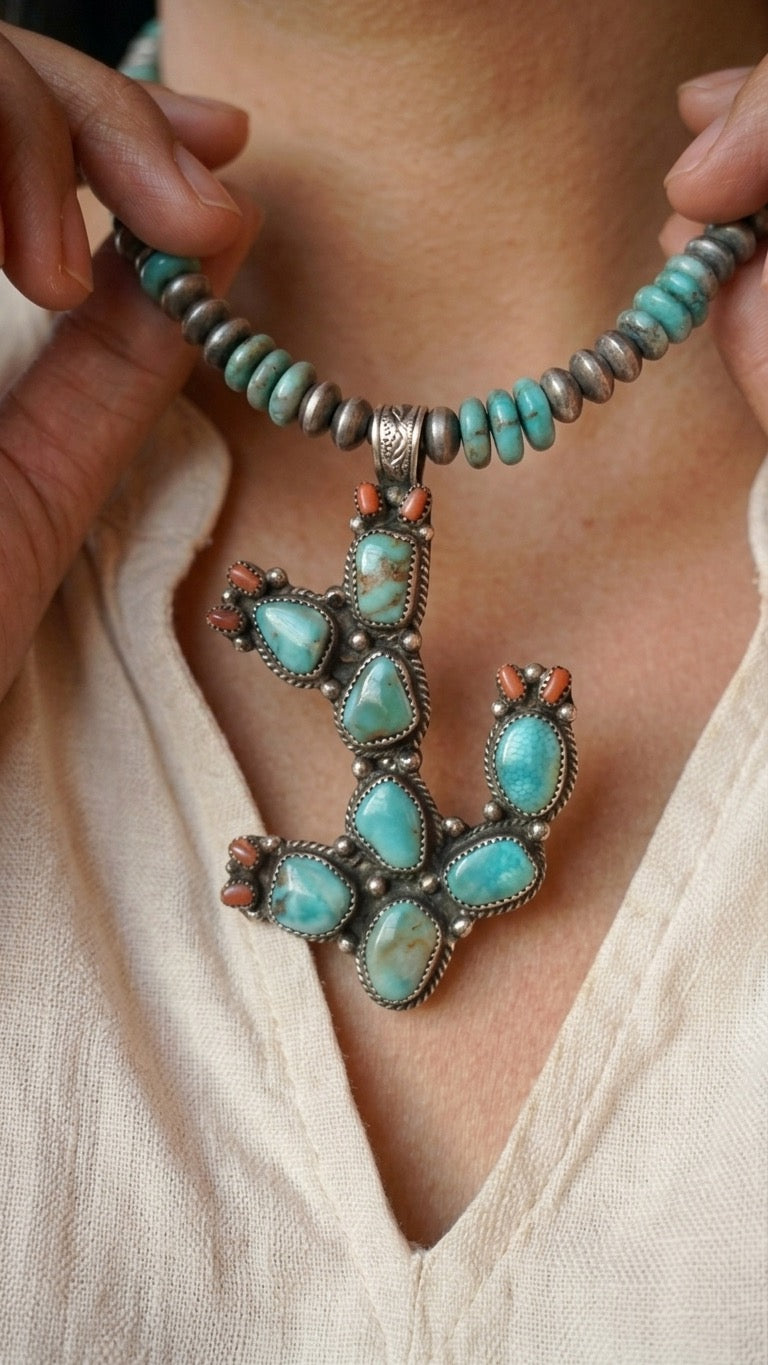 Turquoise and Red Coral Cactus Necklace