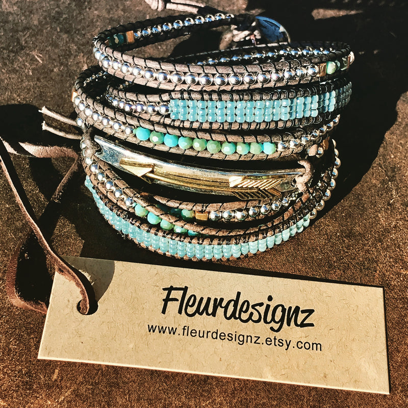 Boho Leather Wrap Bracelet, Western Fashion, "Blue Sky"