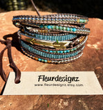 Boho Leather Wrap Bracelet, Western Fashion, "Blue Sky"