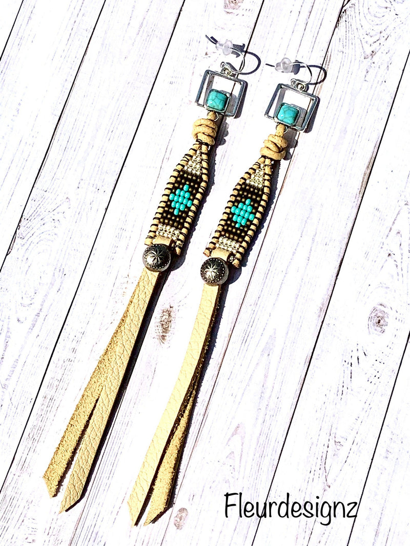 Buckskin ~ Leather Beaded Fringe Earrings, Western