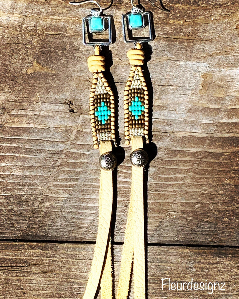 Buckskin ~ Leather Beaded Fringe Earrings, Western