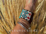 Turquoise and Leather Loom Cuff Bracelet, Prairie Drifter