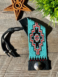 Western Leather Cuff Bracelet; Turquoise Navajo Cross