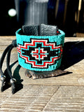 Western Leather Cuff Bracelet; Turquoise Navajo Cross