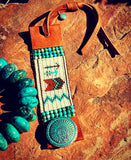 Southwestern Story Teller Cuff Bracelet; Turquoise and Leather Cuff