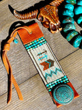 Southwestern Story Teller Cuff Bracelet; Turquoise and Leather Cuff