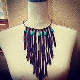 Leather Fringe Bib Necklace, Turquoise Bib Necklace, Fringe choker, Deerskin Suede Necklace