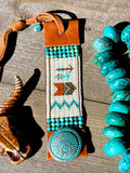 Southwestern Story Teller Cuff Bracelet; Turquoise and Leather Cuff