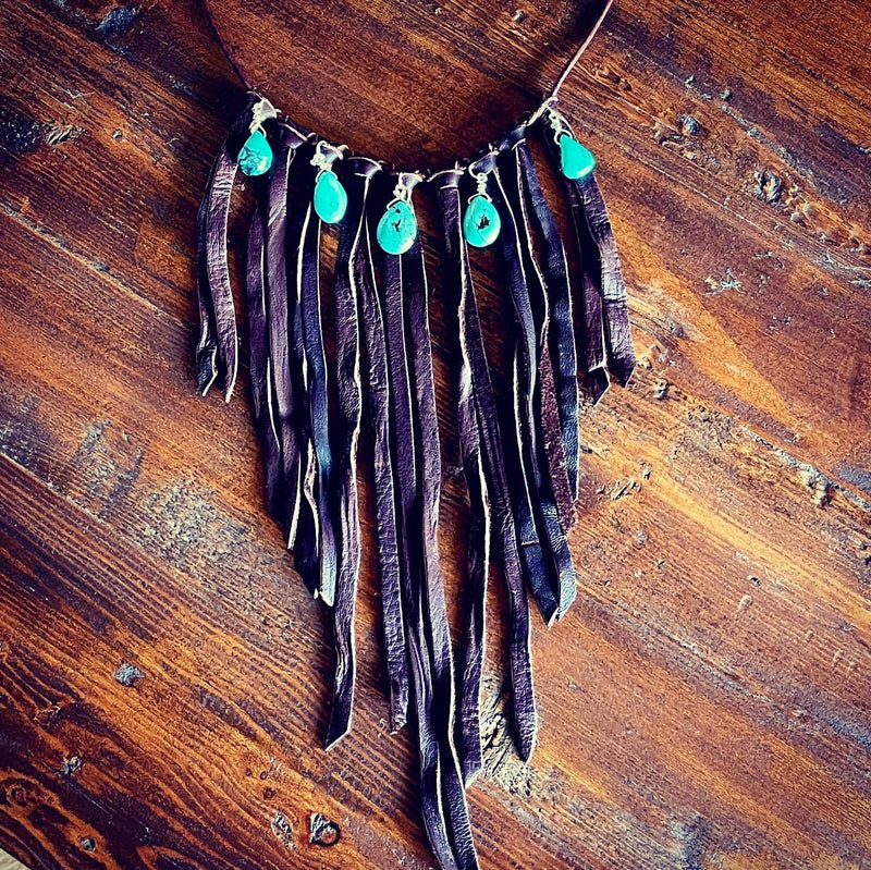 Leather Fringe Bib Necklace, Turquoise Bib Necklace, Fringe choker, Deerskin Suede Necklace