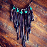 Leather Fringe Bib Necklace, Turquoise Bib Necklace, Fringe choker, Deerskin Suede Necklace