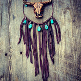 Leather Fringe Bib Necklace, Turquoise Bib Necklace, Fringe choker, Deerskin Suede Necklace