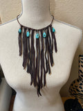 Leather Fringe Bib Necklace, Turquoise Bib Necklace, Fringe choker, Deerskin Suede Necklace