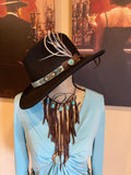 Leather Fringe Bib Necklace, Turquoise Bib Necklace, Fringe choker, Deerskin Suede Necklace