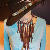 Leather Fringe Bib Necklace, Turquoise Bib Necklace, Fringe choker, Deerskin Suede Necklace