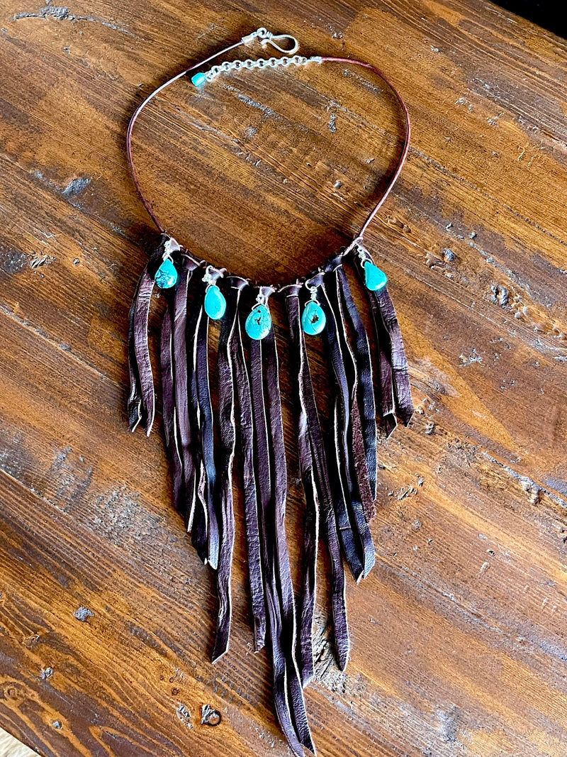 Leather Fringe Bib Necklace, Turquoise Bib Necklace, Fringe choker, Deerskin Suede Necklace