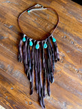 Leather Fringe Bib Necklace, Turquoise Bib Necklace, Fringe choker, Deerskin Suede Necklace