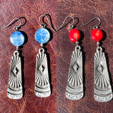 Southwestern Oxidized Silver and Gemstone Earrings, Red Coral Earrings, Kyanite Earrings