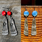 Southwestern Oxidized Silver and Gemstone Earrings, Red Coral Earrings, Kyanite Earrings