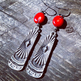 Southwestern Oxidized Silver and Gemstone Earrings, Red Coral Earrings, Kyanite Earrings