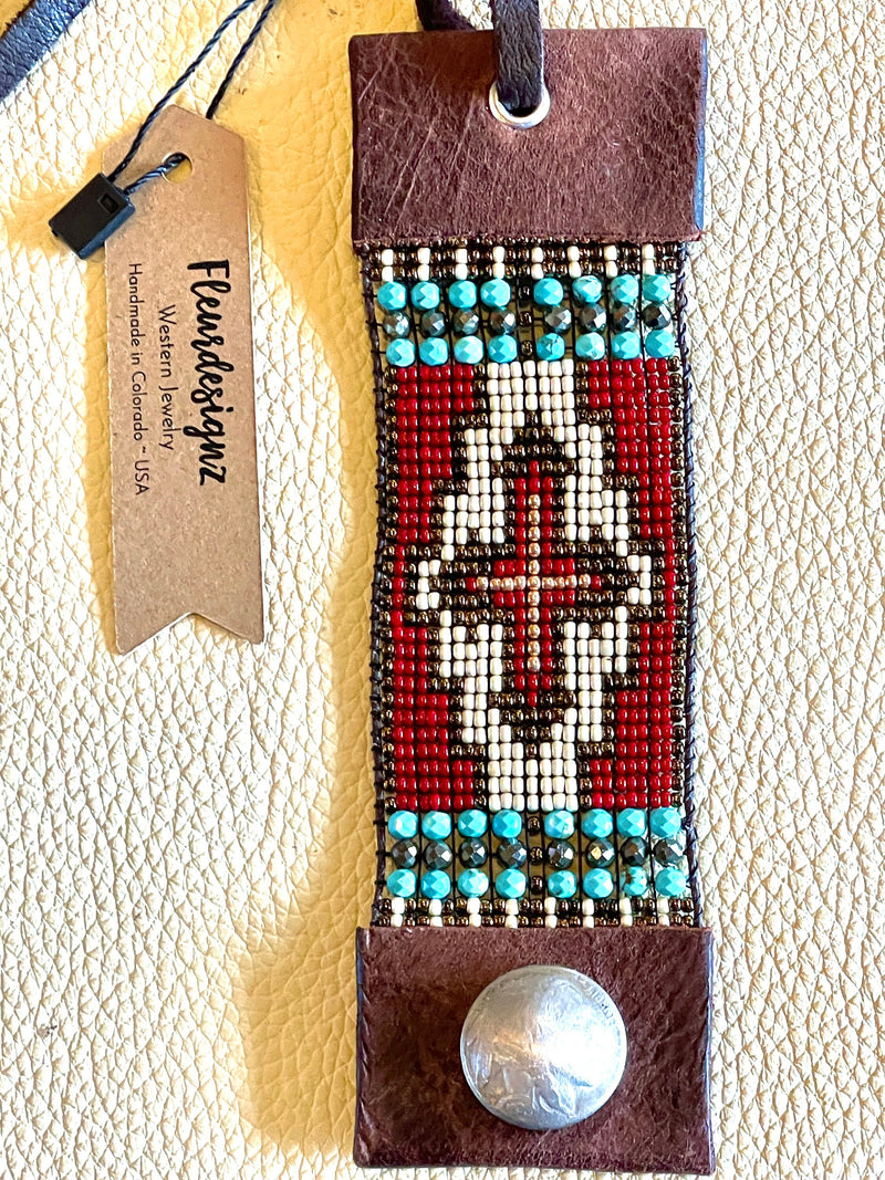 Western Beaded Leather Cuff Bracelet; FAITH